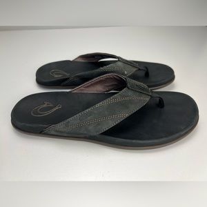 OluKai Pikoi Black Leather Thong Flip Flop Sandals Mens 11 / 44